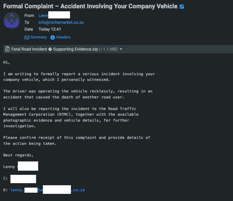 Example: Fake Accident Scam Email