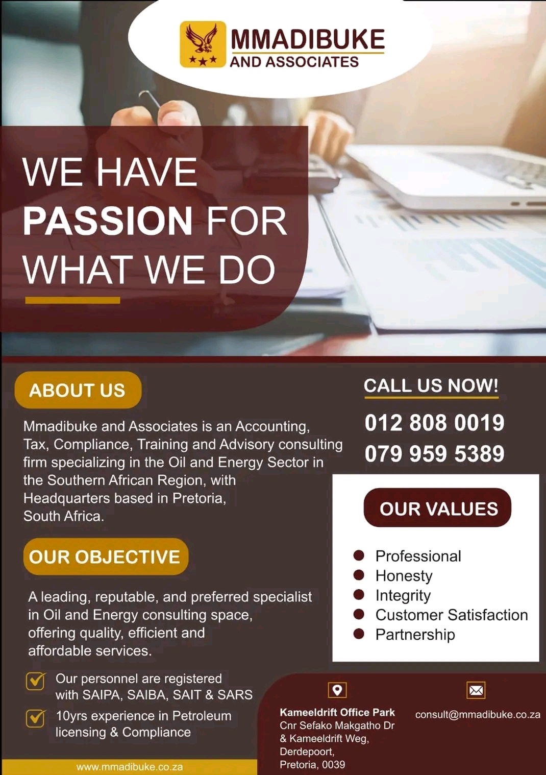 Customer service is not a department at Mmadibuke and Associates, but rather a culture of ours. We endeavor to find ways to save our customer's costs by researching, partnering, and negotiating with stakeholders to reach solutions to their challenges. We are not only a business but a partner that understands our client's businesses and shares in their vision for success and prosperity. We achieve this by cutting costs while not compromising on quality, safety, health, security, and environmental