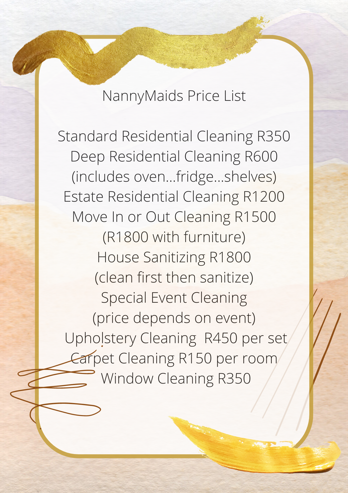 NannyMaids Price List...Please note that for Standard and Deep Residential  Cleaning prices will vary according to size of home. Whatsapp is welcome for communication.