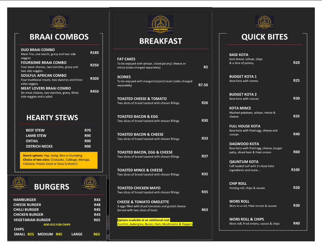 Pure Fresh Menu