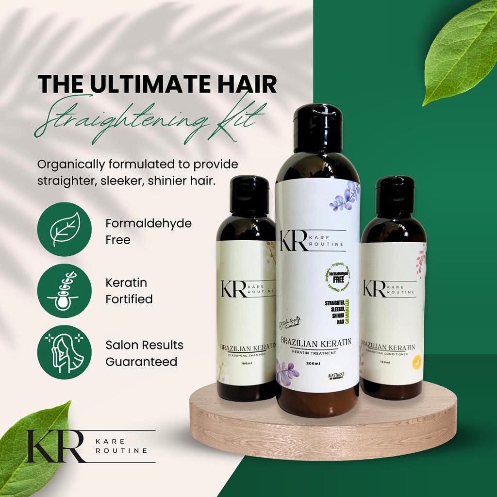 Transform your hair with our Organic Brazilian Keratin Straightening Kit. Our unique formulation, enriched with natural keratin, helps to restore and strengthen hair from root to tip. Obtain salon results without the harmful chemicals - our formulation is free from the carcinogenic compound formaldehyde making it the safer and healthier option for you and your hair. A renewed sense of confidence awaits!  Features - Straightening properties - Formaldehyde free formulation - Smoother, shinier, hea