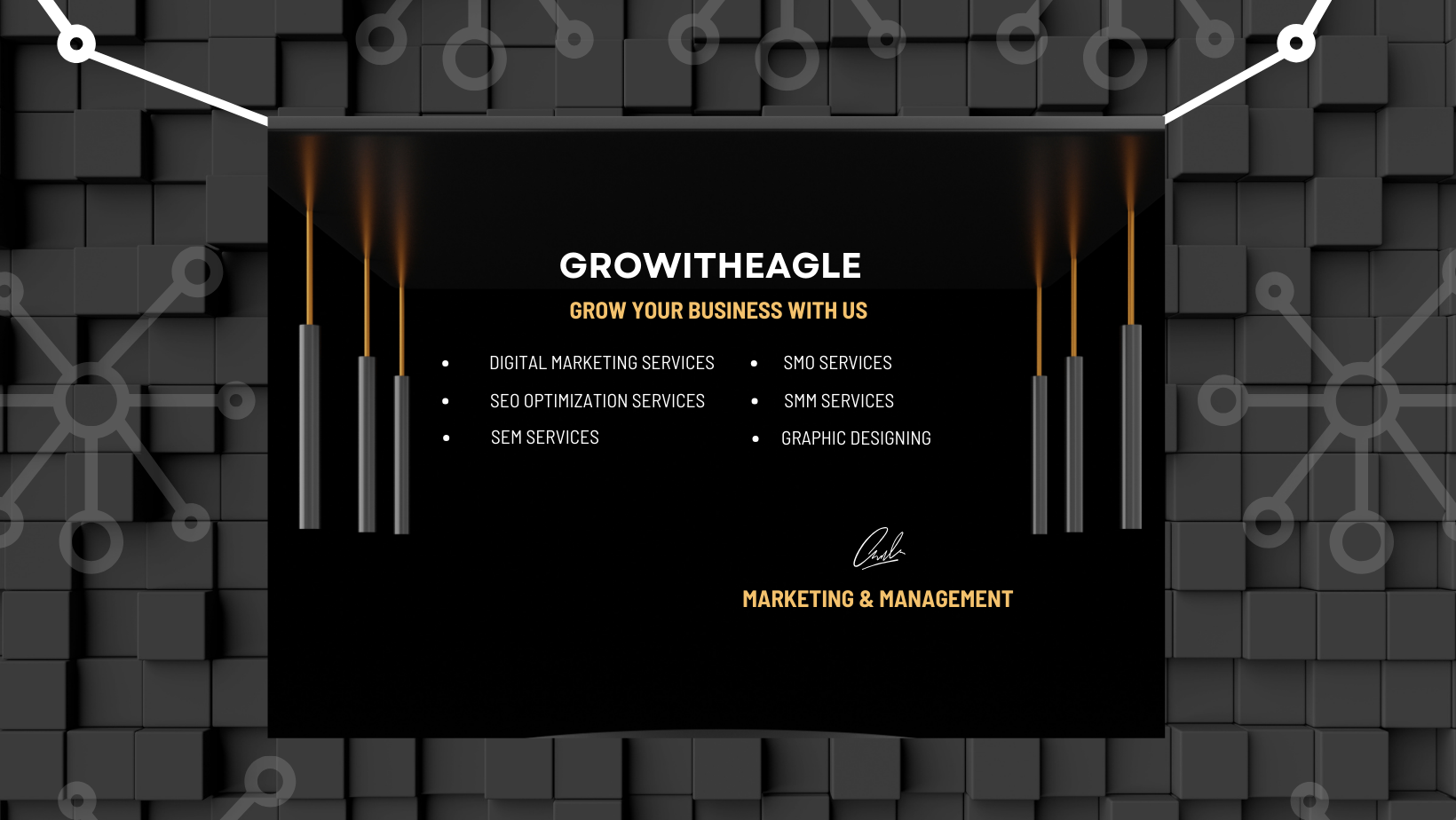 Grow With Eagle business banner listing digital marketing, SEO, SEM, SMO, SMM, and graphic designing services with a dark tech-themed background.
