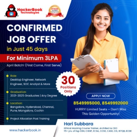 Start your Cybersecurity journey with Hacker Book's Ethical Hacking Course in Bangalore. Gain practical skills, master advanced techniques, and become a certified ethical hacker. Join us to explore the captivating world of cybersecurity. Enrol today and unlock your potential with the best Ethical Hacking Course in Bangalore. 