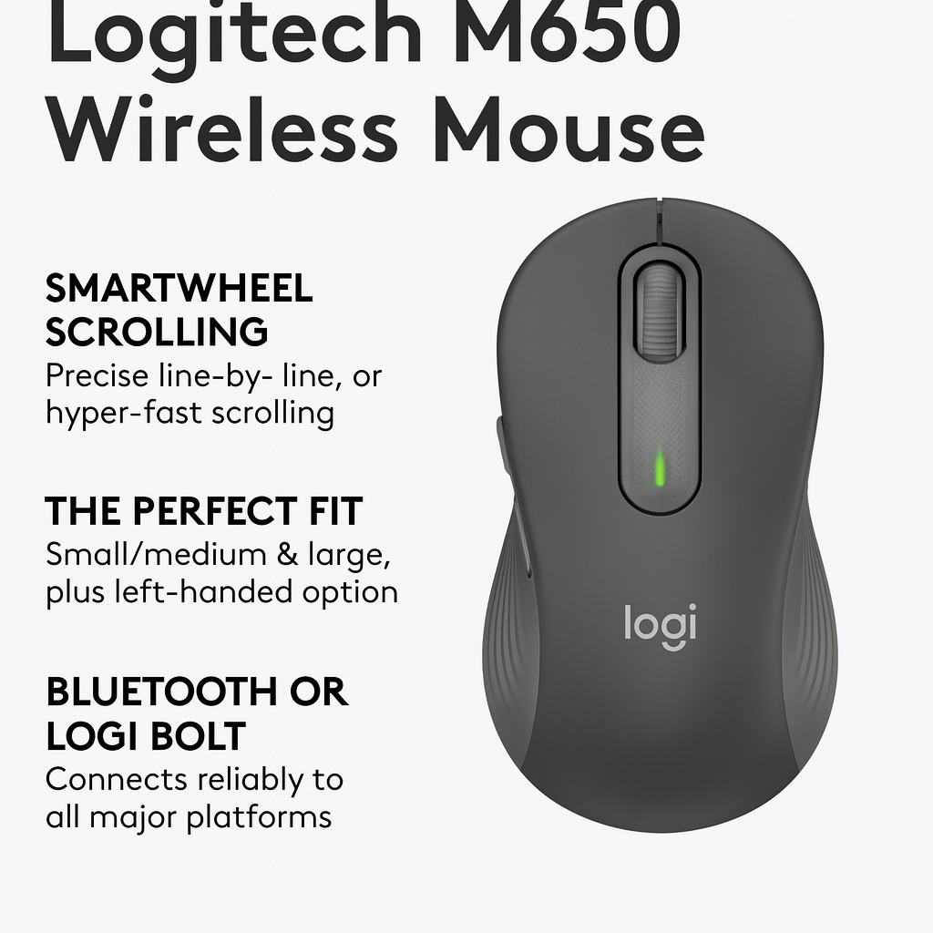 Logitech M650 Wireless Mouse - Smart Wheel, Bluetooth & Logi Bolt