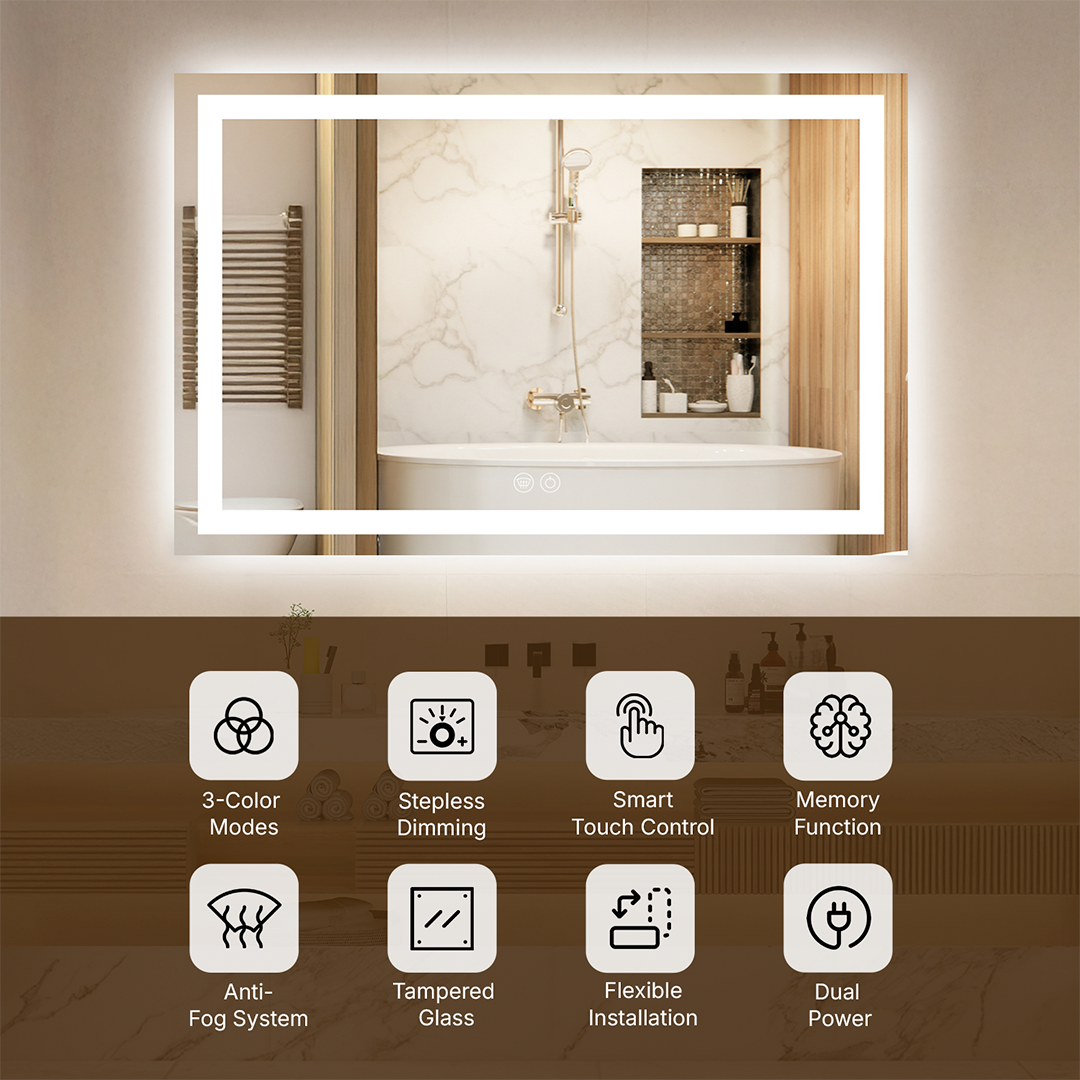 Upgrade your bathroom with this high-quality rectangle LED bathroom mirror, crafted for exceptional clarity, safety, and contemporary style. Designed as a premium rectangle LED mirror bathroom space, it combines modern aesthetics with practical functionality for daily grooming, makeup, and shaving.
