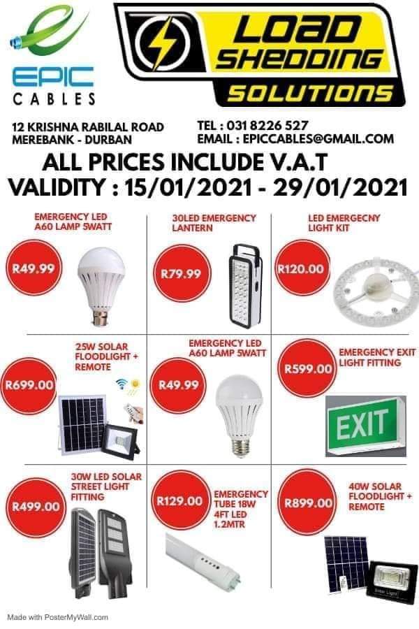 Epic cables offer our customers access to a wide range of electrical items that include: all cabling and cable accessories, conduit and accessories, all makes of plugs and switches, distribution boards and circuit breakers, general industrial electrical products and switchgear. Transmission & distribution products, enclosures, power and hand tools, electrical testers, etc..  079 512 3680 073 649 5930 079 723 5712  73 Krishna Rabilal Road, Merebank Durban