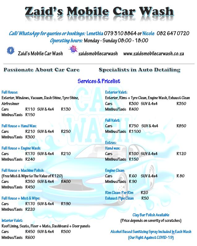 Our car wash price list