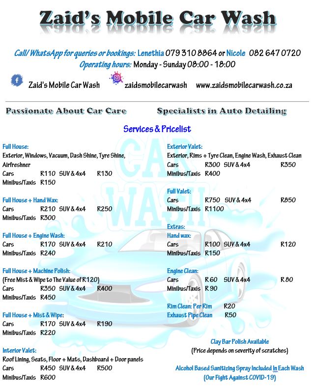 Our car wash price list