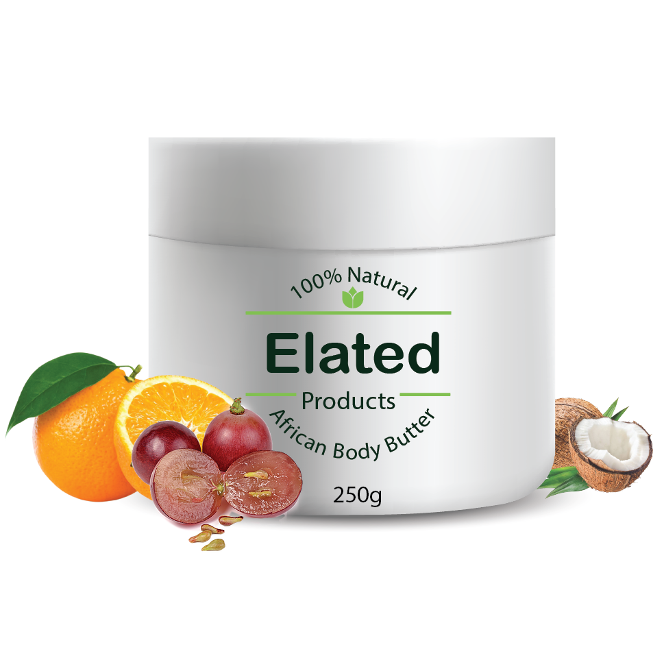 Elated products African body butter Moisturizing, nourish and restore skin tone. restoring powers of grapeseed oil, soothing coconut oil, the warm aroma of sweet orange and the fresh-scented lemongrass essential oils will leave your skin moisturized and nourished.