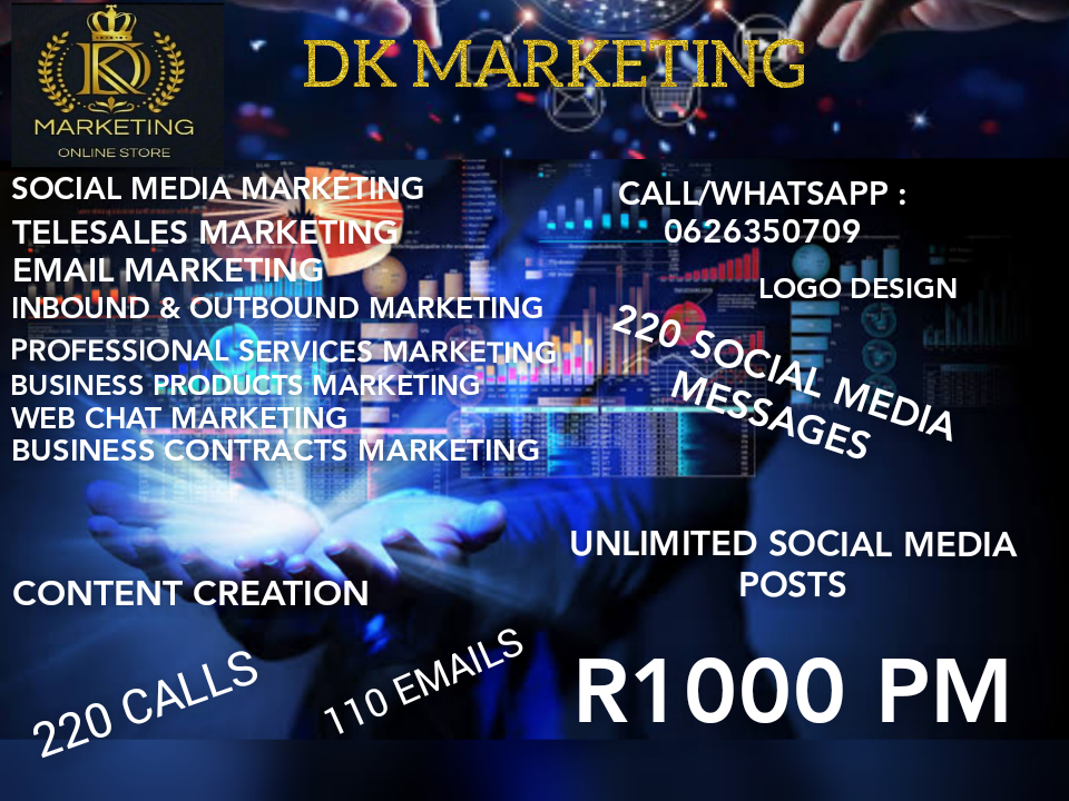 DK MARKETING helps all businesses and professional services Advertise their products & services , R500 PM -NO UPFRONT COSTS -NO CONTRACTS -THIS IS A MONTH TO MONTH SERVICE START TODAY For more info > Email: dkmarketing217@outlook.com WhatsApp: 0626350709 Website : https://bit.ly/3ktKo8R