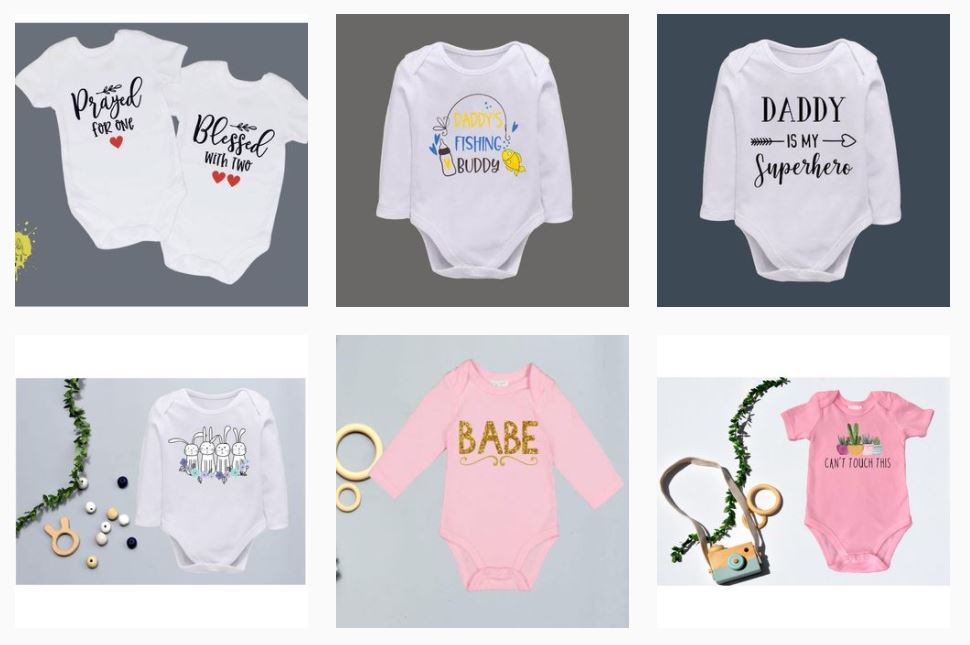 Personalized printing baby onesies, rompers, babygrows.