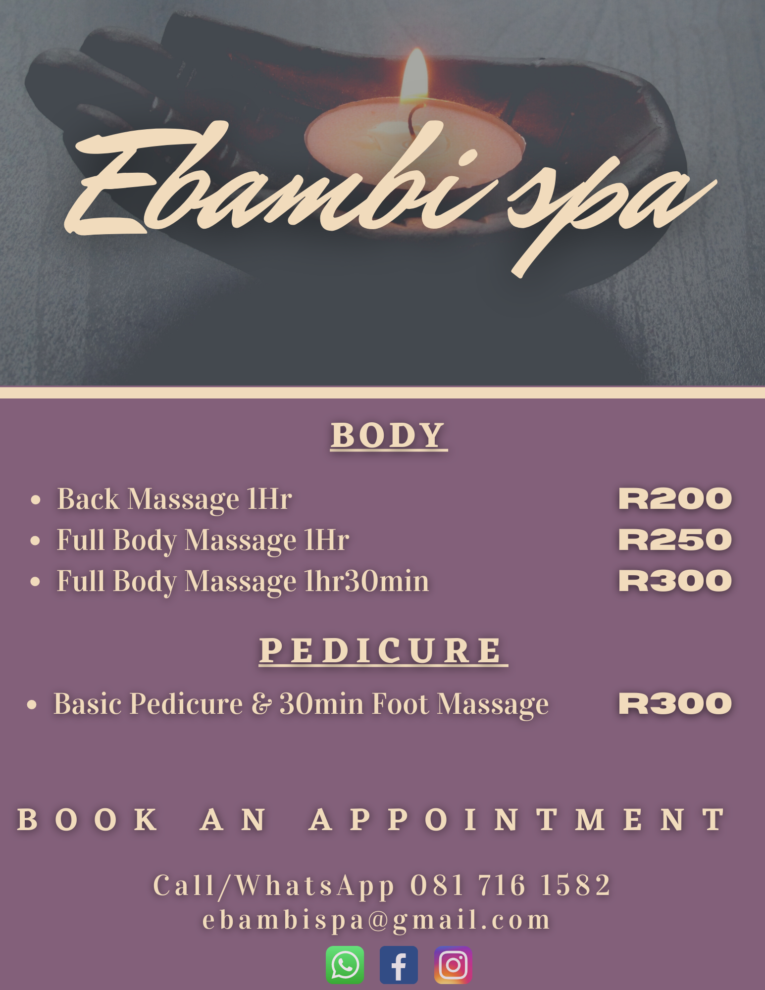 Ebambi Spa Price List