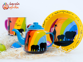 Hand painted Rainbow Enamel Mug, Enamel Teapot and Enamel Plate