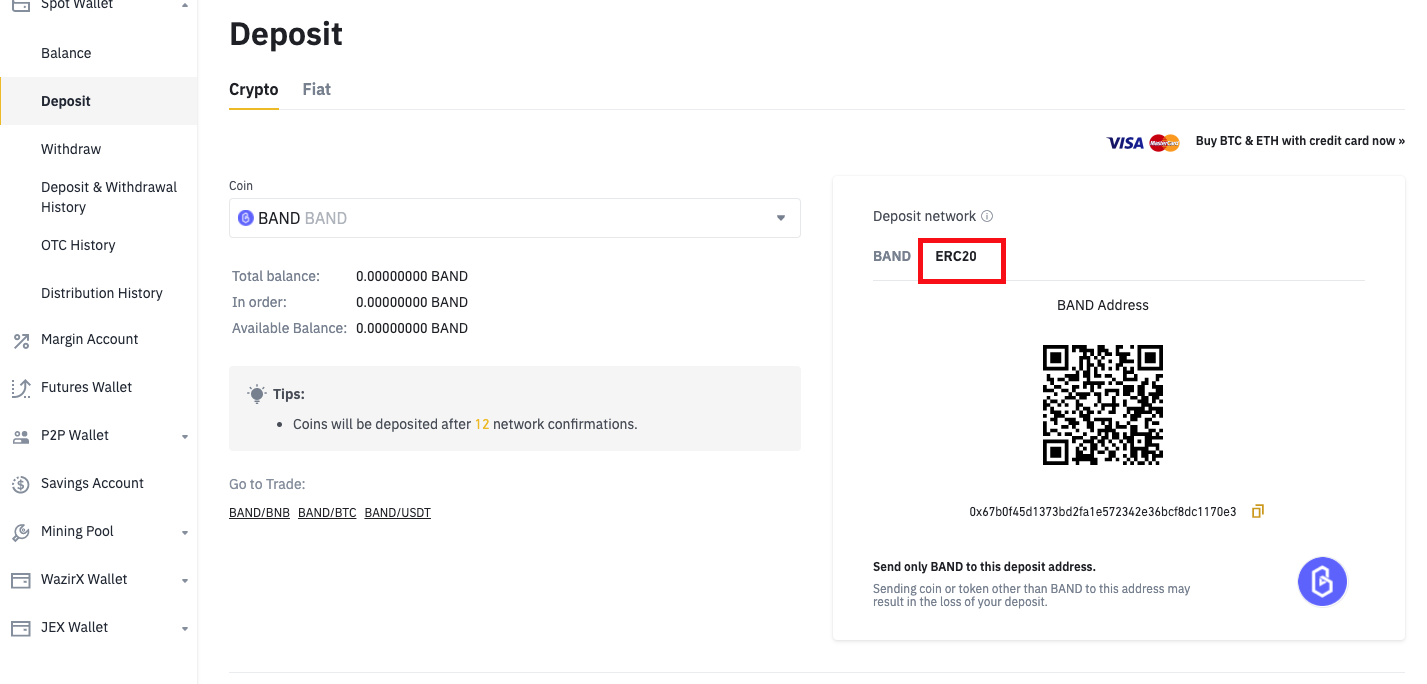 Binance Deposit for Band ERC-20 Tokens
