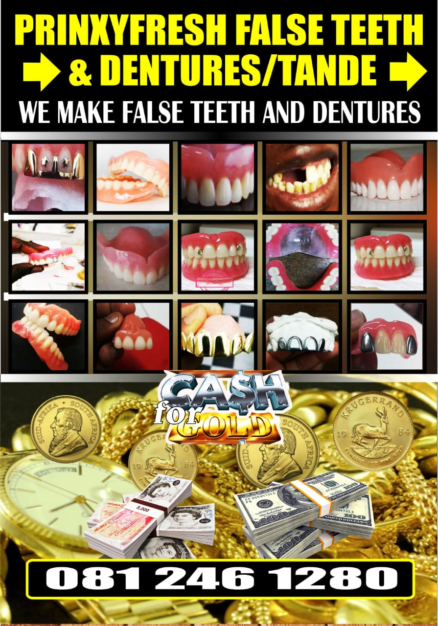 We make quality False Teeth and Dentures, style your teeth with gold, silver, star, tips, slit, Ruby, etc, fix broken dentures etc
