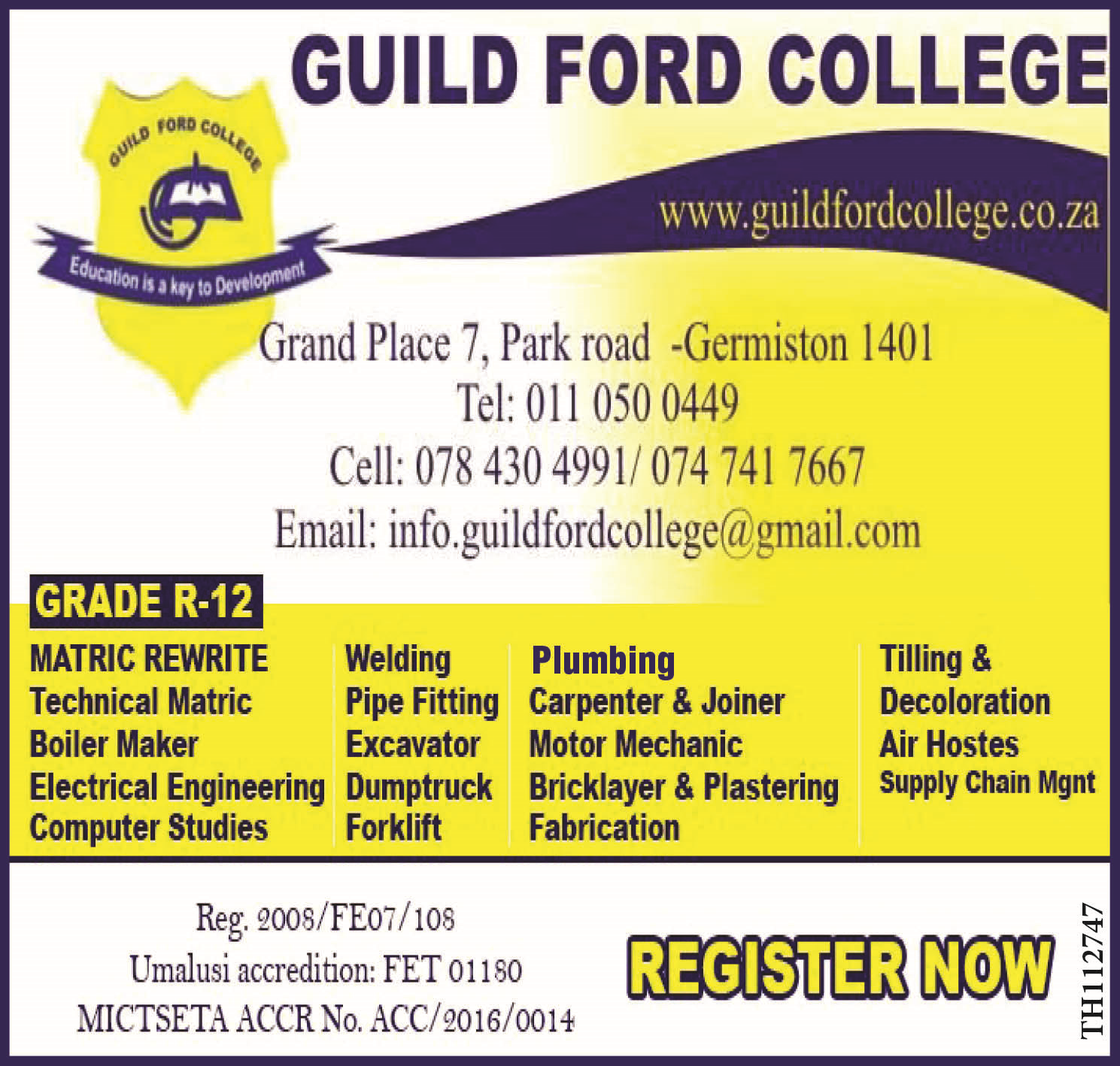 GUILDFORD COLLEGE OFFERS: MATRIC REWRITE, BOILER MAKER, FORKLIFT, DUMPTRUCK