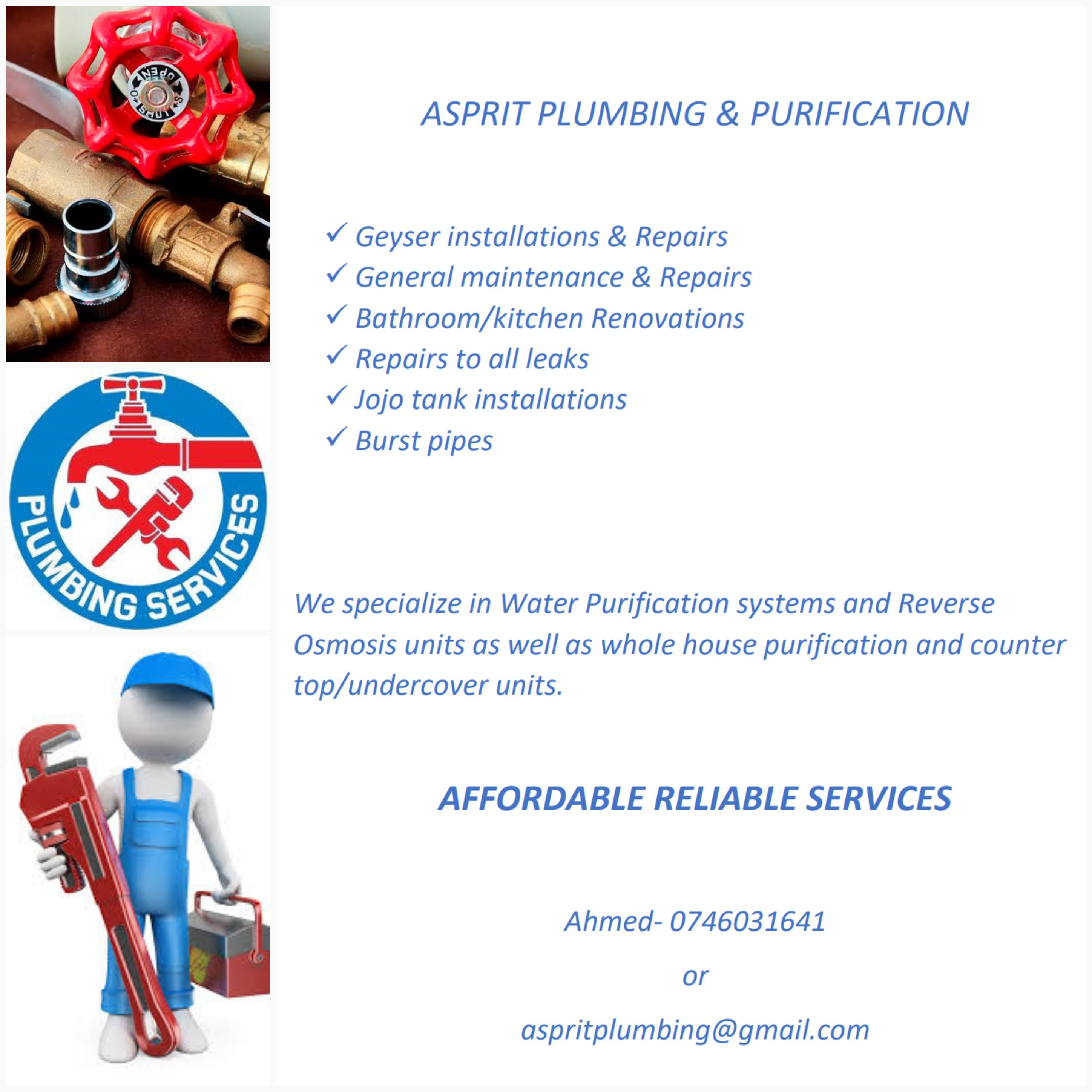 Contact 074 603 1641 for all your plumbing requirments