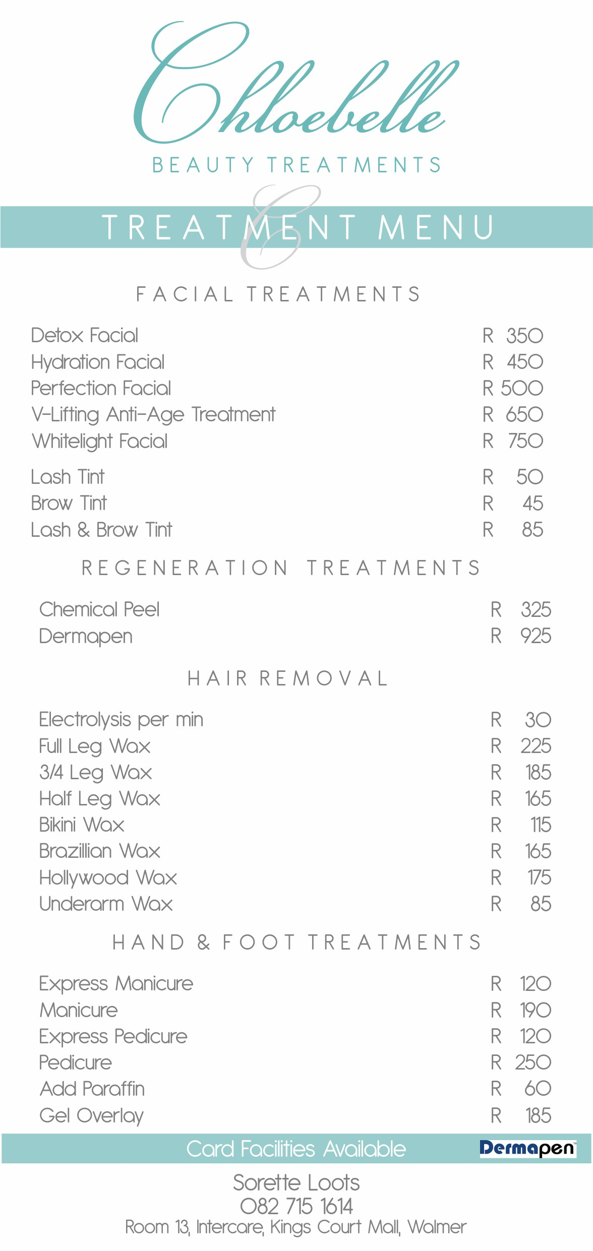 Chloebelle Mobile Beauty Treatments Price List