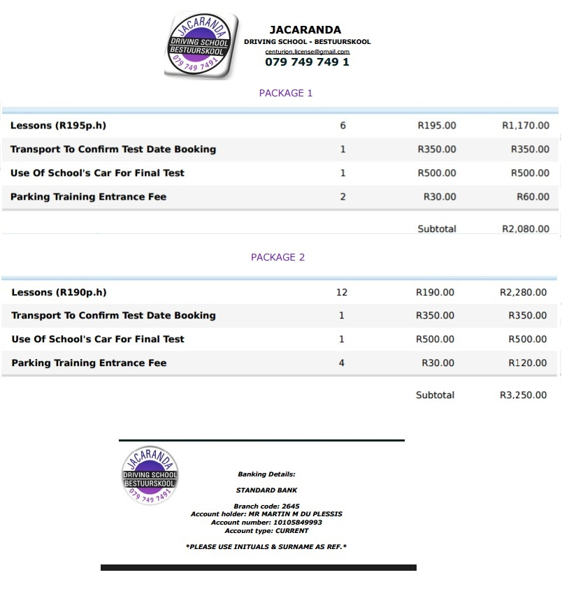 Driving school classes fees