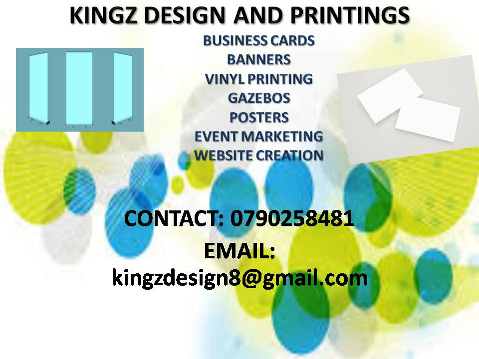 Our products include:Business card • T shirt printing • Calendar • Flyer • Gazebos • stickers•Banners  Our services include- Logos • Company profile • Letterheads • Invoices • Quotes templates • Templates • Posters • Banners • Event management  We deliver the best