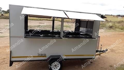 3.4m Catering   10x Chaffing Dishes  1 x Water bottle  1x Small Round Sink  1x Double Plug  1 x Light  4x Serving Hatches   900 Axle 14" Tyres and Rims  *****************************  4.0 m Catering Trailer   10x Chaffing Dishes  1 x Double Stove 1x Small Round Sink 1x Water bottle  1x Double Plug  2x Lights  4x Serving Hatches  1x Gas Cage  1x Gas installation certificate   900 kg Axle 14" Tyres and Rims  **************************