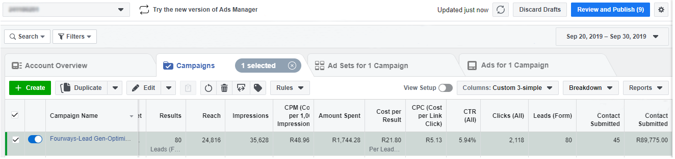 5 Day Facebook campaign result for a local business. Each lead worth R2000