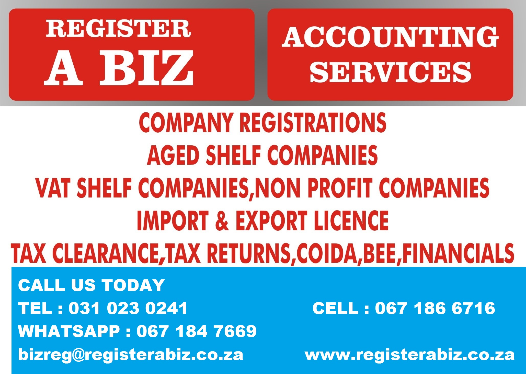 COMPANY REGISTRATIONS, ACCOUNTING AND TAX SERVICES, IMPORT / EXPORT CODE, LETTER OF GOOD STANDING, TAX CLEARANCE.