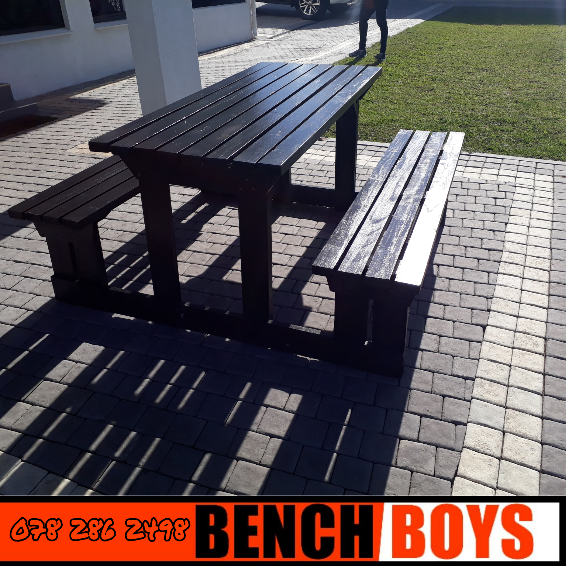 Wooden picnic pub benches