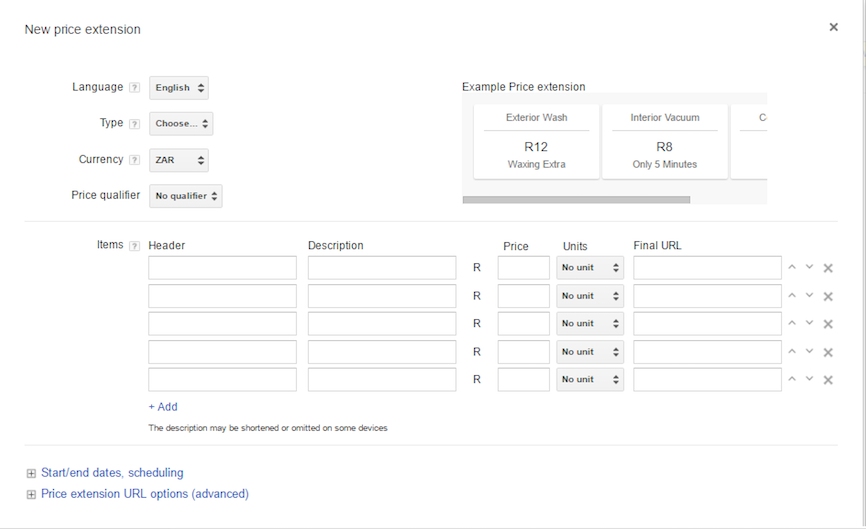 Adwords Price Extension