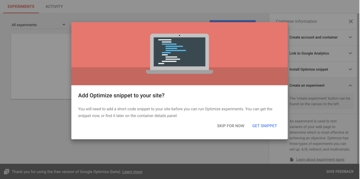 Google Optimize snippet prompt