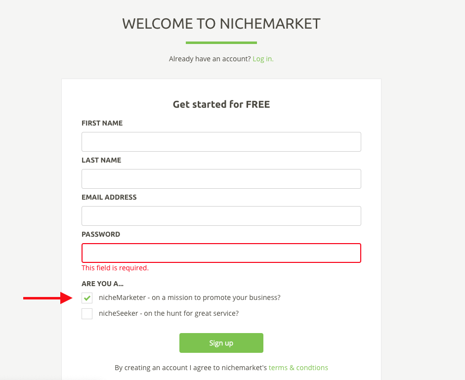 Register a nichemarketer profile