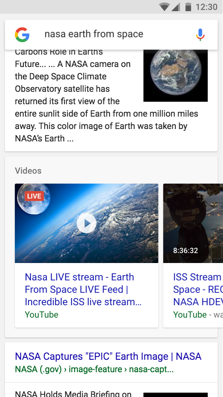 An example of Google Live stream listings in search